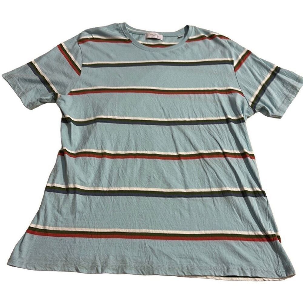 Cotton & Co Men's Green Striped Short Sleeve Crewneck Cotton Tshirt Large